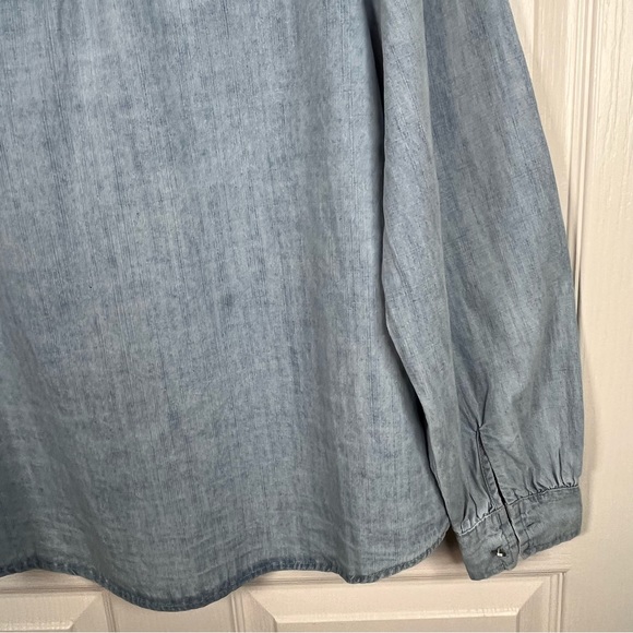 Aaron & Amber Chambray Ruffle Lace Button Front Shirt Sz S Puff Sleeves - Picture 11 of 16